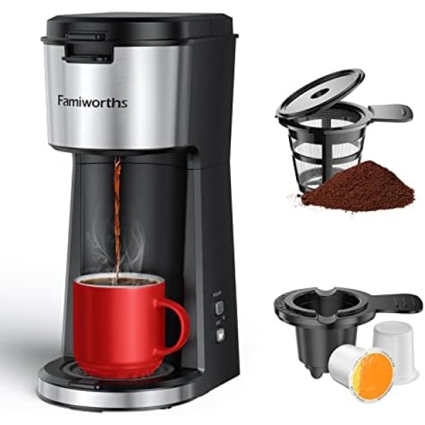 Famiworths Single Serve Coffee Maker for K Cup & Ground Coffee, With Bold Brew