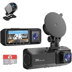 3 Channel Dash Cam Front and Rear Inside Dash Camera for Cars 2K+1080P